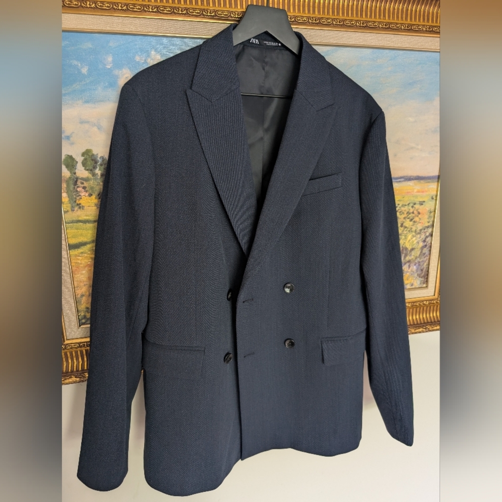 Zara Navy Double-Breasted Blazer 40R - Picture 3 of 7